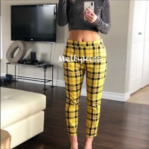 zara yellow plaid pants